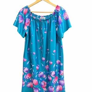 Basic Editions Teal Granny Nightgown with Pink and Purple Floral Design